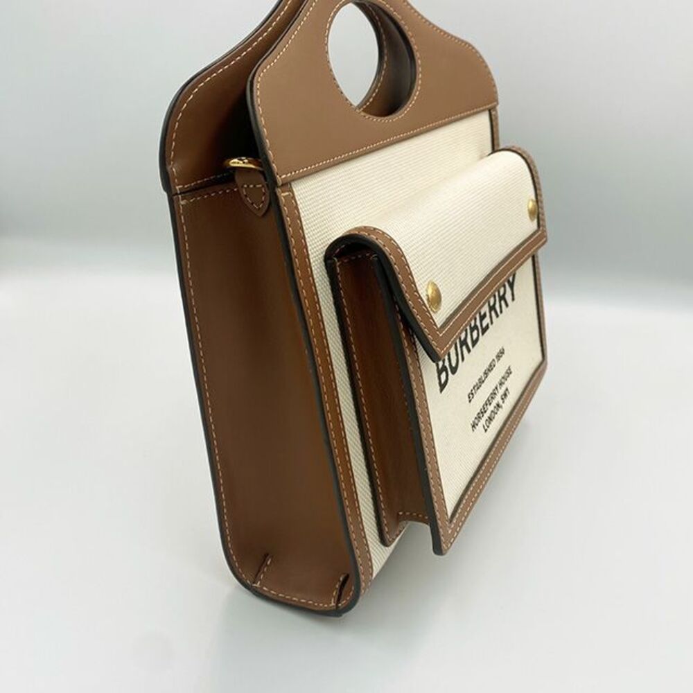 Brown Canvas Leather Two-tone Pocket Mini Tote Bag - Picture 2 of 9